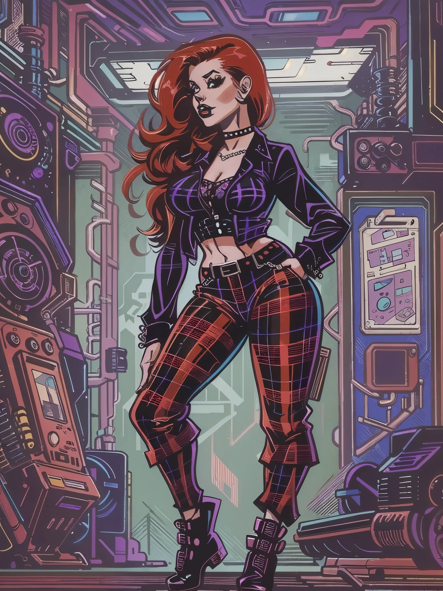 a woman with red hair wearing a black top and plaid pants, cyberpunk art, gothic art, aesthetic cute with flutter, toon aesthetic, wearing red attire, wearing gothic accessories, ((curvy body))