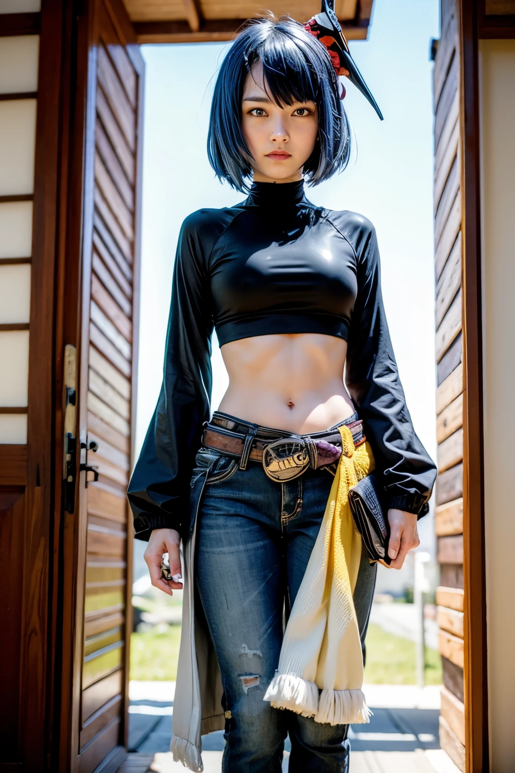 mask on head, blue hair, short hair, yellow eyes, ((black long sleeved latex top)), dark blue jeans, iron belt, sneakers, ((midriff, navel, upper body)), high quality, best quality, high details, old japanese town, standing, excited face, looking at viewer