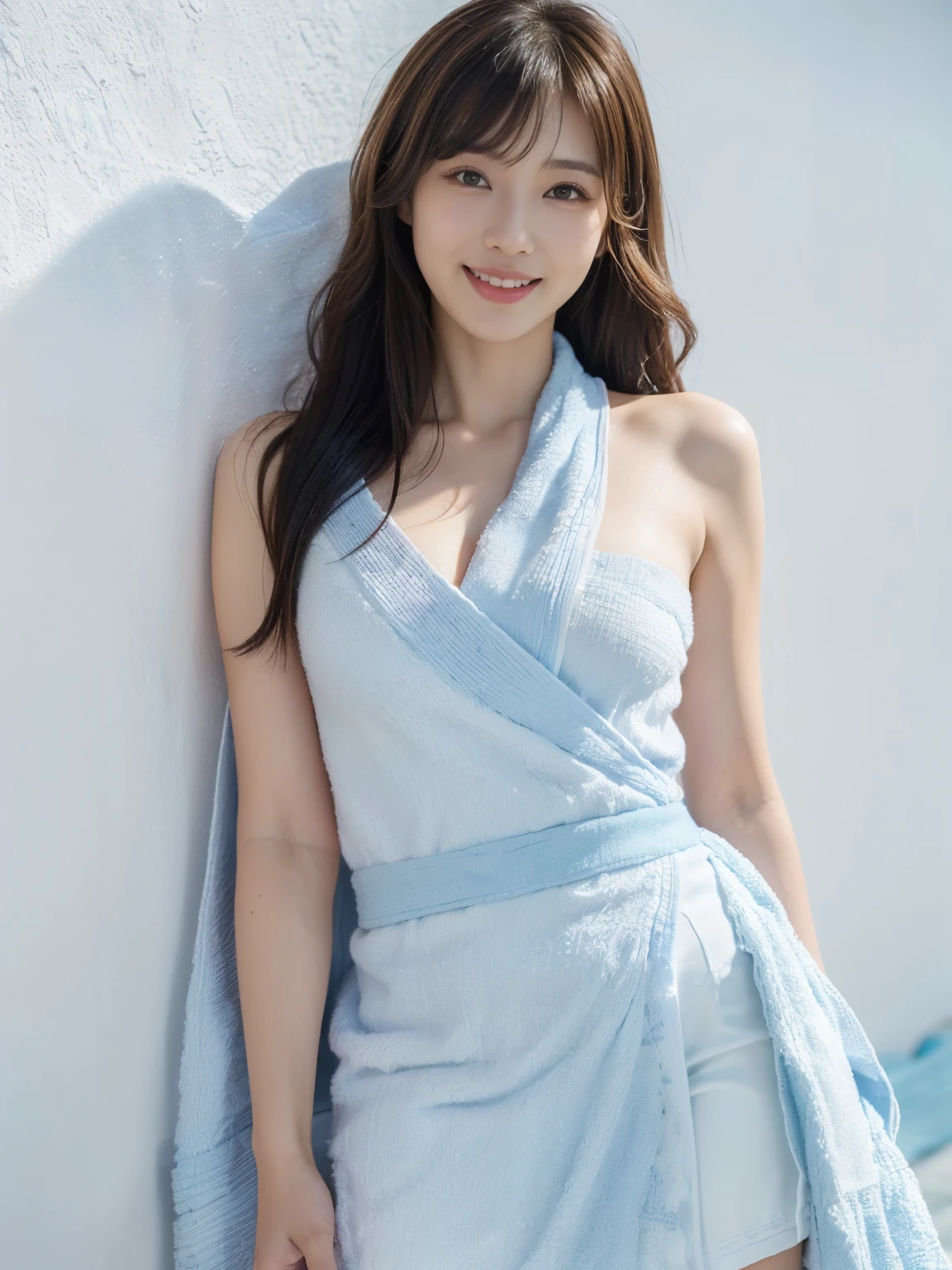 ((((highest quality))))、(((Ultra-precision CG16K wallpaper)))、(((masterpiece)))、(((Super detailed)))、(((super extreme details)))、1people's women、mature woman、25 year old woman、((Japanese face))、((very beautiful face))、((Yoshie Kashihara:1.5))、((Soft wave semi-long hair:1.3))、(shiny hair)、bangs up to eyebrows、beautiful brown hair、beautiful delicate eyes、brown eyes、raised eyebrows、high nose、small nostrils、small mouth、seductive lips、mouth slightly open、beautiful breasts、C cup size breasts、cleavage、plump body、perfect proportions、perfect anatomy、perfect composition、beautiful detailed shading、beautiful natural lighting、beautiful detail glow、Depth of bounds written、(((High chroma)))、(((real:1.9)))、((vivid:1.4))、((beautiful skin))、((skin texture))、((realな皮膚感))、(((cowboy shot:1.5)))、((Angle seen from the front:1.5))、((smile:1.4))、(Eyes looking at me:1.3)、bright sunshine、(((In front of the white wall:1.3)))、(standing pose:1.5)、(((Wearing a light blue towel:1.5)))、
