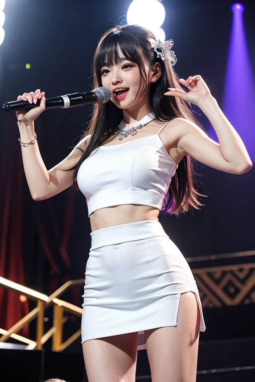 Woman in idol costume、Pose while singing and dancing happily together, Sweat and have fun, Everyone is smiling and having fun, Enjoy the moment. Girls are surrounded by cute and colorful decorations, and、They are comfortable and relaxing. They are all good friends, and、They are happy to spend time together, {{{{arena}}}},idol stage, {{{spot lighting}}}, {{{Light from above}}}, {{{{Hanabubuki:1.3, motion blur}}}},{{{Dutch Angle Shot}}}, muste piece, disorganized, best quality, elaborate details, best quality, 8K, best aethetic, beautiful art, Super detailed, illustration, white panties、very short skirt、