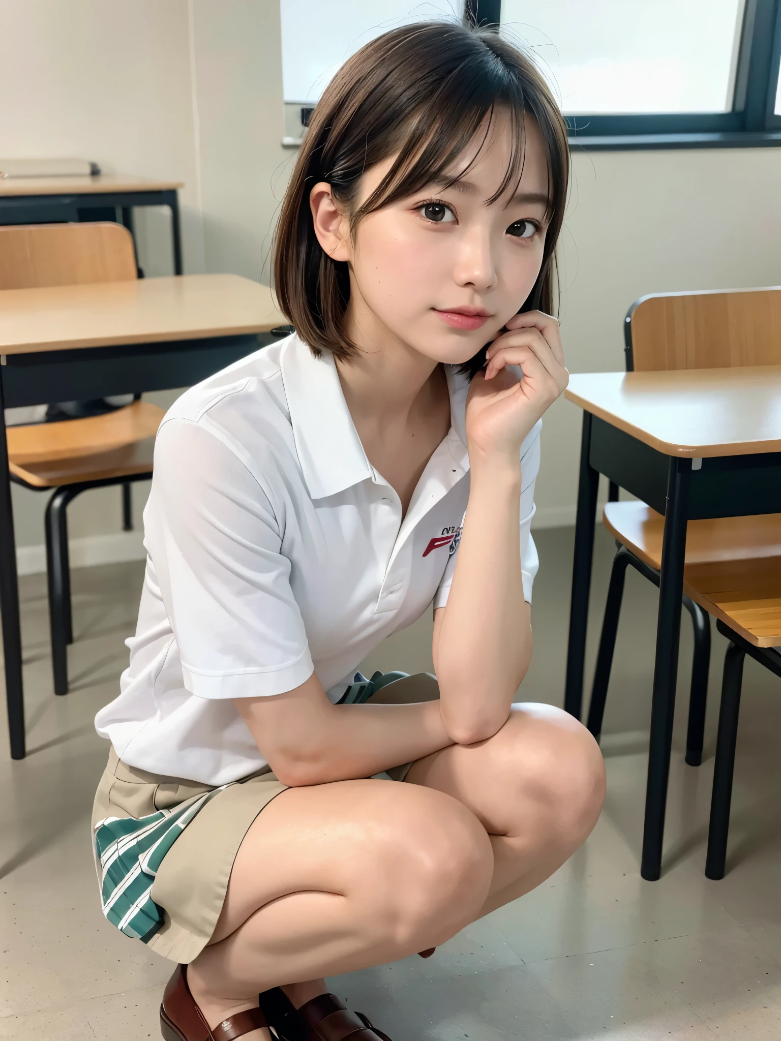 ((top quality, 8k, masterpiece: 1.3, raw photo)), Sharp Focus: 1.2, (1 aespa girl :1.2), (SOLO), (Realistic, Photorealistic: 1.37), (face focus: 1.1), cute face, ultra detailed face, small breasts, flat chest, brunette short messy hair, kindness, (sitting, school uniform, thighs:1.2), panties, cafe, sunlight, movie lighting
