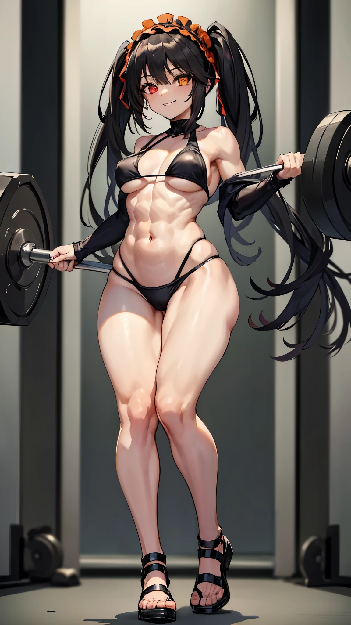 1 girl, Bare shoulders, Black hair, medium breasts, (muscular legs), bare legs, muscular belly, wide hips, thin waist, (((clock eyes))), (wearing a very short and sexy bikini), ( ((in the gym lifting weights))), full body photo, hair bow, (standing), heterochromia, black high heel shoes, ta hair band, Long hair, looking at viewer, red eyes, smiling, Alone, symbol-shaped pupils, (Kurumi tokisaki), (twintails), yellow eyes,