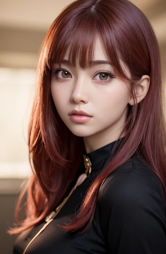 1 girl, star eye, blush, perfect lighting, redhead, red eyes, phantom engine, side lighting, detailed face, bangs, bright skin, simple background, dark background、leaning forward、big breasts thin waist、thin thighs、rich bust、Close one eye to the viewer、short sleeve、((Big eyes that shine like jewels))、Glossy and glossy skin、(medium hair:1.2)、no makeup、美しいbangs、hair between eyes、((masterpiece、最high quality、super detailed、film light、intricate details、High resolution、very detailed))、detailed background、8KUHD、Digital single-lens reflex camera、soft light、high quality、film grain、Fujifilm XT3 、shallow depth of field、natural soft light、Kamimei、Zaid G, 1 girl, fine skin, looking at the viewer, brown eyes, (bangsのあるショートヘア:1.2), (medium breasts:1.0), (medium breasts輪:0.8), (realistic:1.4), (最high quality:1.0), (超High resolution:1.0), 8K, RAW photo, (masterpiece:0.2), (Pueros face_v1:0.5)、Styled woman with red hair and black uniform posing for a photo、Close up portrait of woman with red hair and black top, Realistic anime 3d style, realistic anime art style, anime realism style, attractive anime girl, real anime girl, inspired by anime, portrait anime space cadet girl, realistic anime art style, style anime, realistic young anime girl, 美しいanime style, perfect android girl, anime style