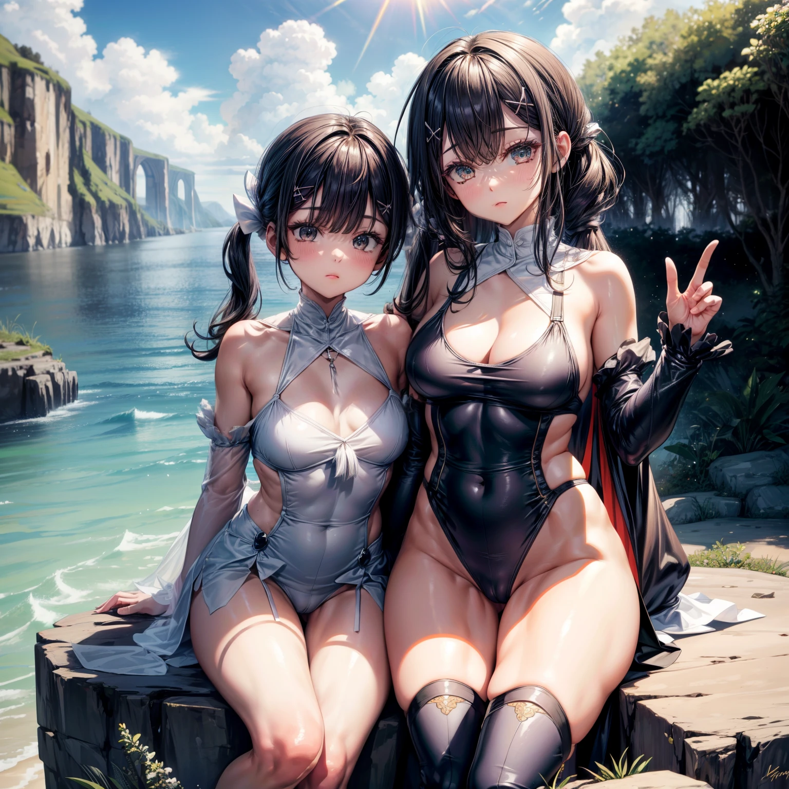 (8K ,Ultra-detailed,Best masterpiece,Nature,perfect work of art,perfect female body),two women,Sister and sister, sisters,rainbow hair,perfect face,(huge tits),neighbor wife,woman hairstyle,elegant wife,on the cliff,delicate and revealing ,Wearing a magical girl dress,Off-shoulder low-neck magical girl dress,super short thong,Wearing a low-cut police uniform,T-shaped small,huge big,naked leg,full body shot,elastic muscles,raised raised raised,Obscenity exposed