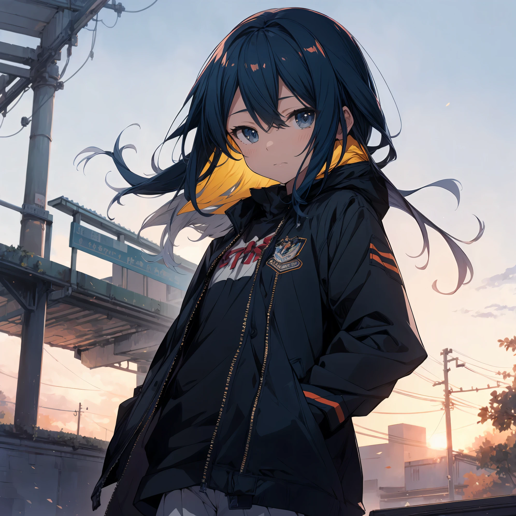 Super high quality by the art god, super detailed, High resolution,Shinkai Makoto style, anime moe art style, best anime 8K konachan wallpaper, pixiv contest winner, perfect anatomy, break,(眠そうにalone学校へ行く女の子を描いてください. ),break, surreal high school girl, (alone,lolita, , :1.3),All limbs, full finger,, androgynous charm, (very short hair), messy hair, flat chest, small ass, between legs, Small black eyes,beautiful and fine eyes, Well-proportioned iris and pupils, disgusted eyes, High resolutionの詳細な髪, wearing school uniform, (skirt), On the way to school. break,super dense skin, Best lighting by famous artists, 8K, figure,