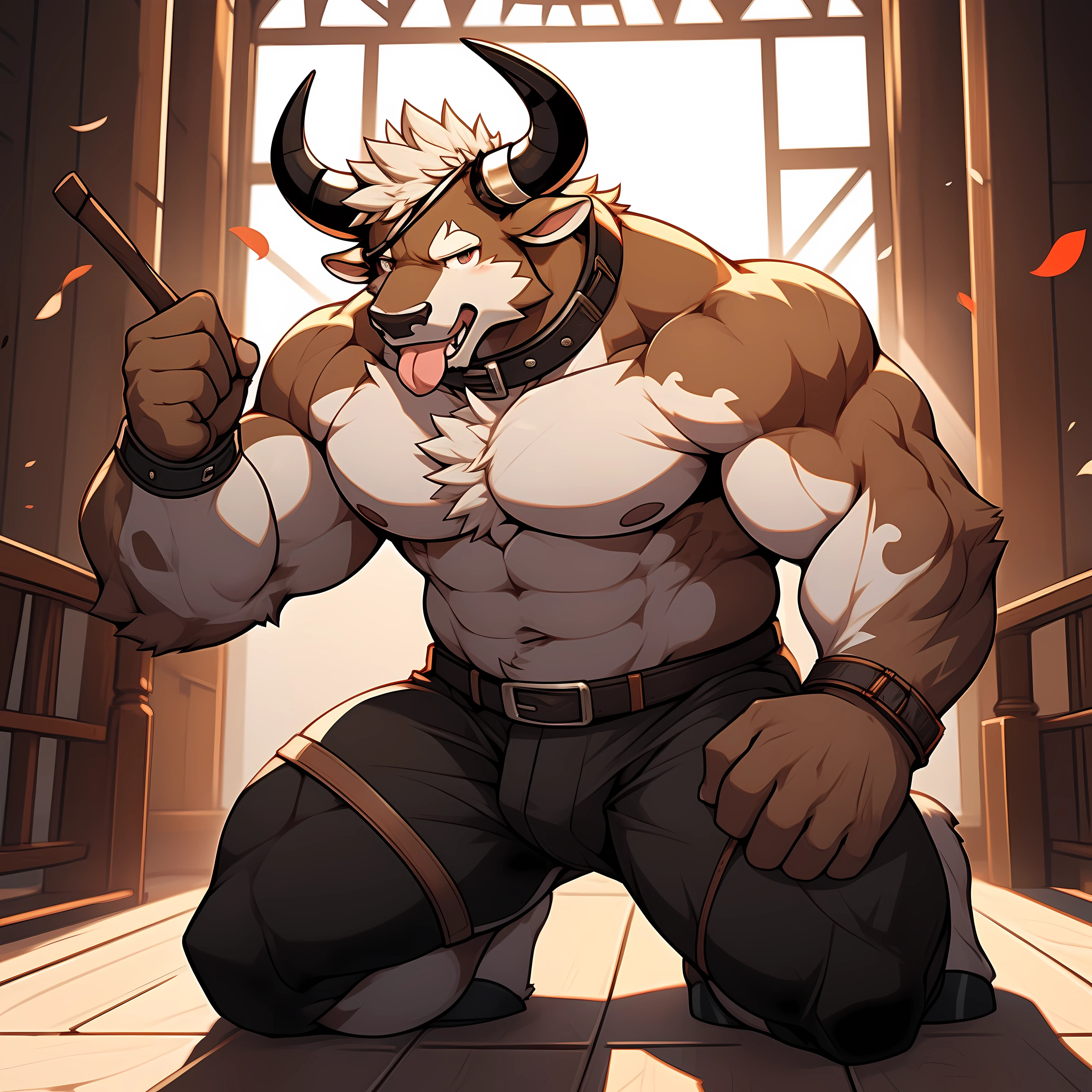 anthropomorphic cow,dairy cow,one person,broad chest muscles,thick shoulders,well-developed limbs,Naked upper body,Accessible from thighs to feet,huge bulge in crotch,Cortical arm ring,Cortical collar,cow horn,stick out your tongue,indecent expression,Face turned red,kneeling position,Lie on the floor,facing the audience,with an eye patch,Briefs leggings,View from the side,Limbs wrapped in belts,HD,high detail,masterpiece,Full body image