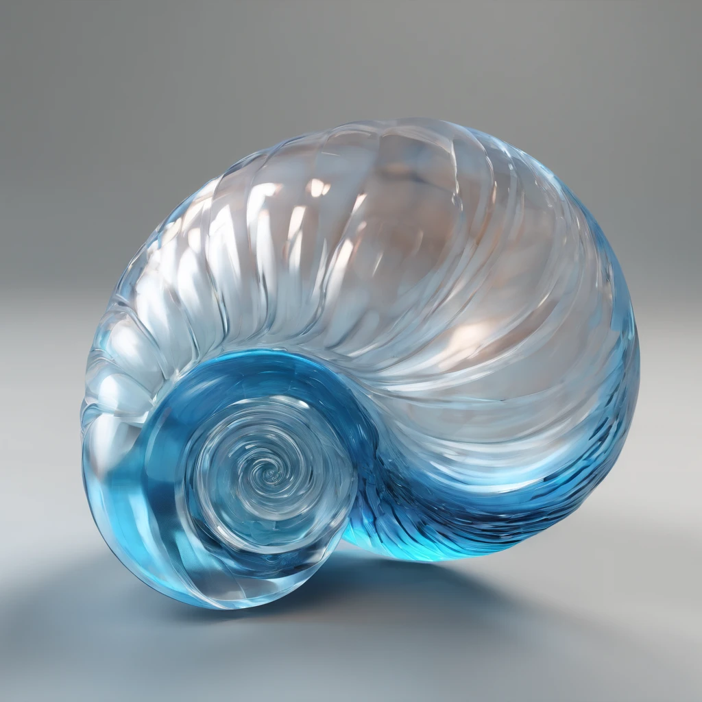 solo sea snail shell, transparent glassy texture, very light blue color touch, dark black back ground, Futurism, depth of field, masterpiece, high details, high quality, HD