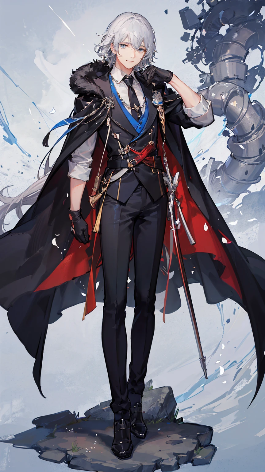 1young man,solo, male photo,confident smile, silver hair, ((short hair)), (short sideburns),light blue eyes, slant eyes,anatomically correct,blue ribbon tie,((black gloves)),((white cloak)),black suit,beautiful flowers on background,best quality, high quality,masterpiece, 8K