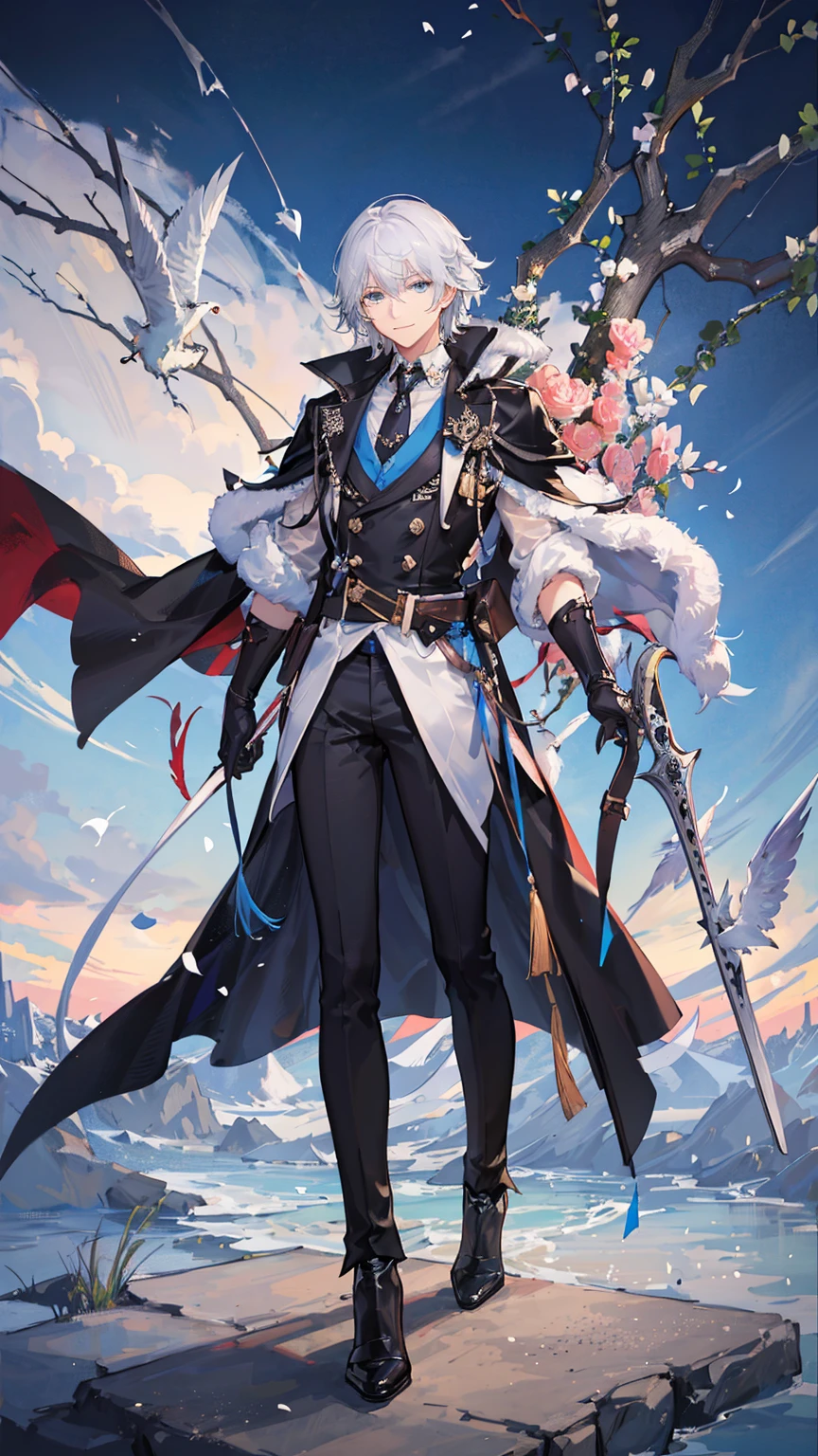 1young man,solo, male photo,confident smile, silver hair, ((short hair)), (short sideburns),light blue eyes, slant eyes,anatomically correct,blue ribbon tie,((black gloves)),((white cloak)),black suit,beautiful flowers on background,best quality, high quality,masterpiece, 8K