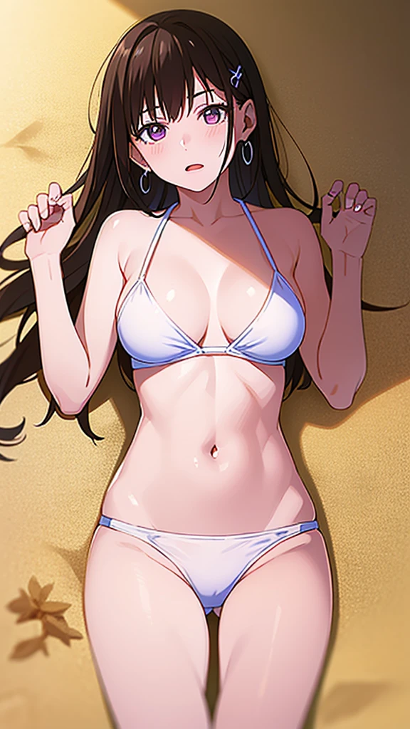 masterpiece, best quality, 1 solo girl, dark brown hair, purple eyes, wavy hair, long hair, medium breasts, mature body and face, white bikini, jewelry, hair ornament, earrings, ball, lying at the sand, white sand, summer, cowboy shots, sexy pose, dakimakura, detailed body, face, and eyes, sharp focus, vibrant, creative, dynamic, high definition, high resolution, 8k, (Upscale: R-ESRGAN 4x+ Anime6B), (Image enchance:4x), voluptuous body, summer girl,