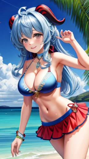 (Top quality), (4K), (8K),(high resolution), (masterpiece: 1.2) ,Very cute , smiling , open chest, Light blue hair , miniskirt , very detailed , the background is the summer sea , bikini Swimsuit , ganyu,Horns
