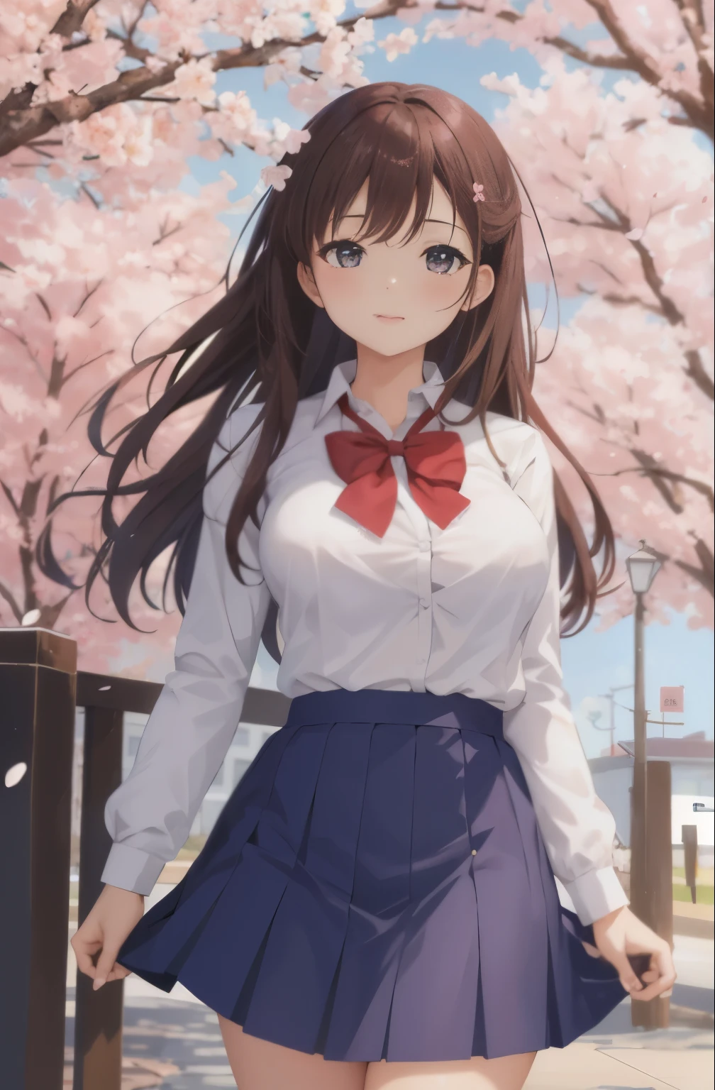 masterpiece, highest quality, High resolution, very detailed, detailed background, cinematic lighting, 1 girl, cute, medium breasts, school uniform, skirt lift, public indecency, looking at the viewer, building, outdoor, cherry blossoms, Bokeh,(Shirt opens to reveal white undetailed bra:1.5)