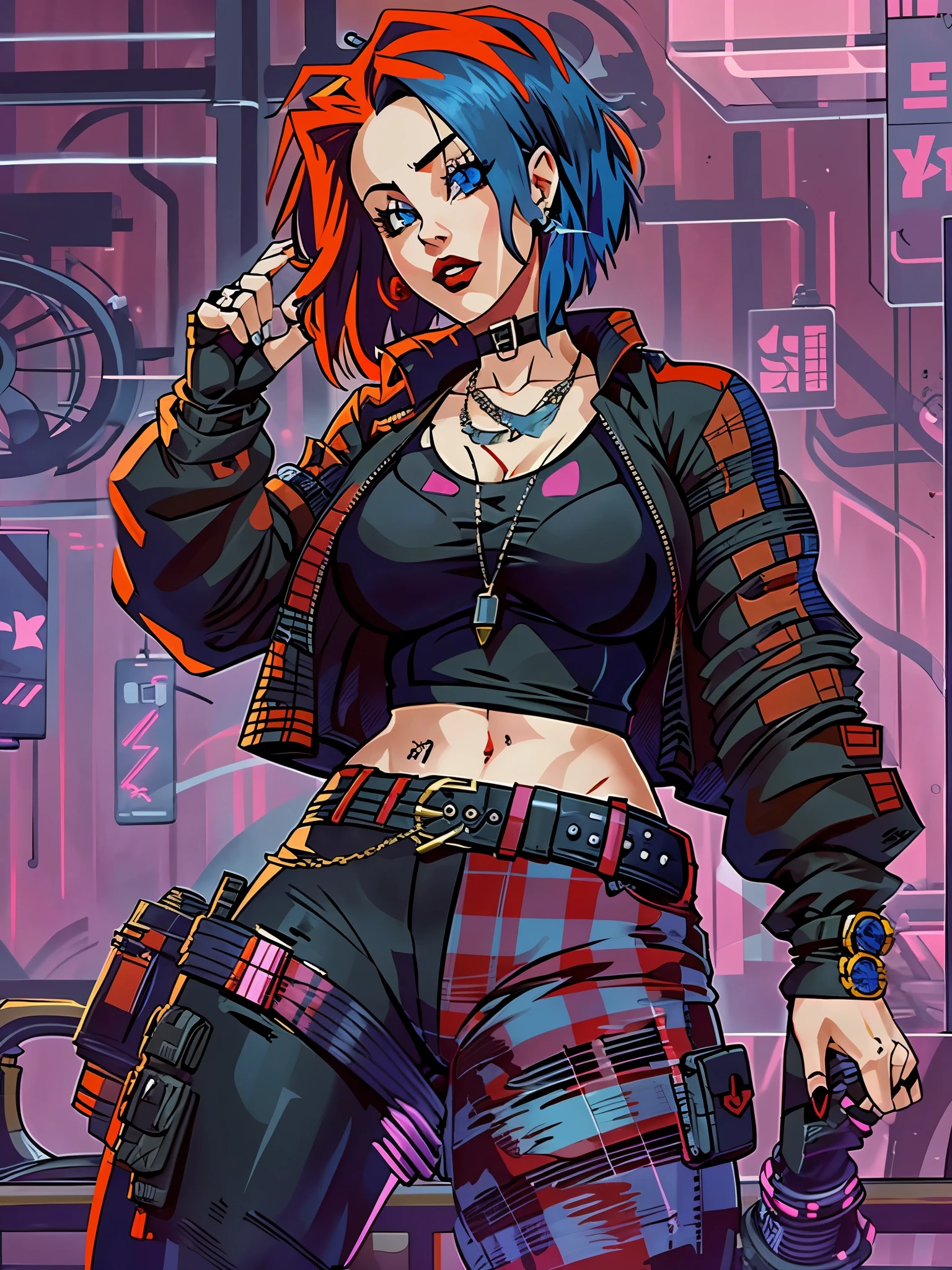 a woman with blue hair wearing a black top and plaid pants, cyberpunk art, gothic art, aesthetic cute with flutter, toon aesthetic, wearing red attire, wearing gothic accessories, ((curvy body))