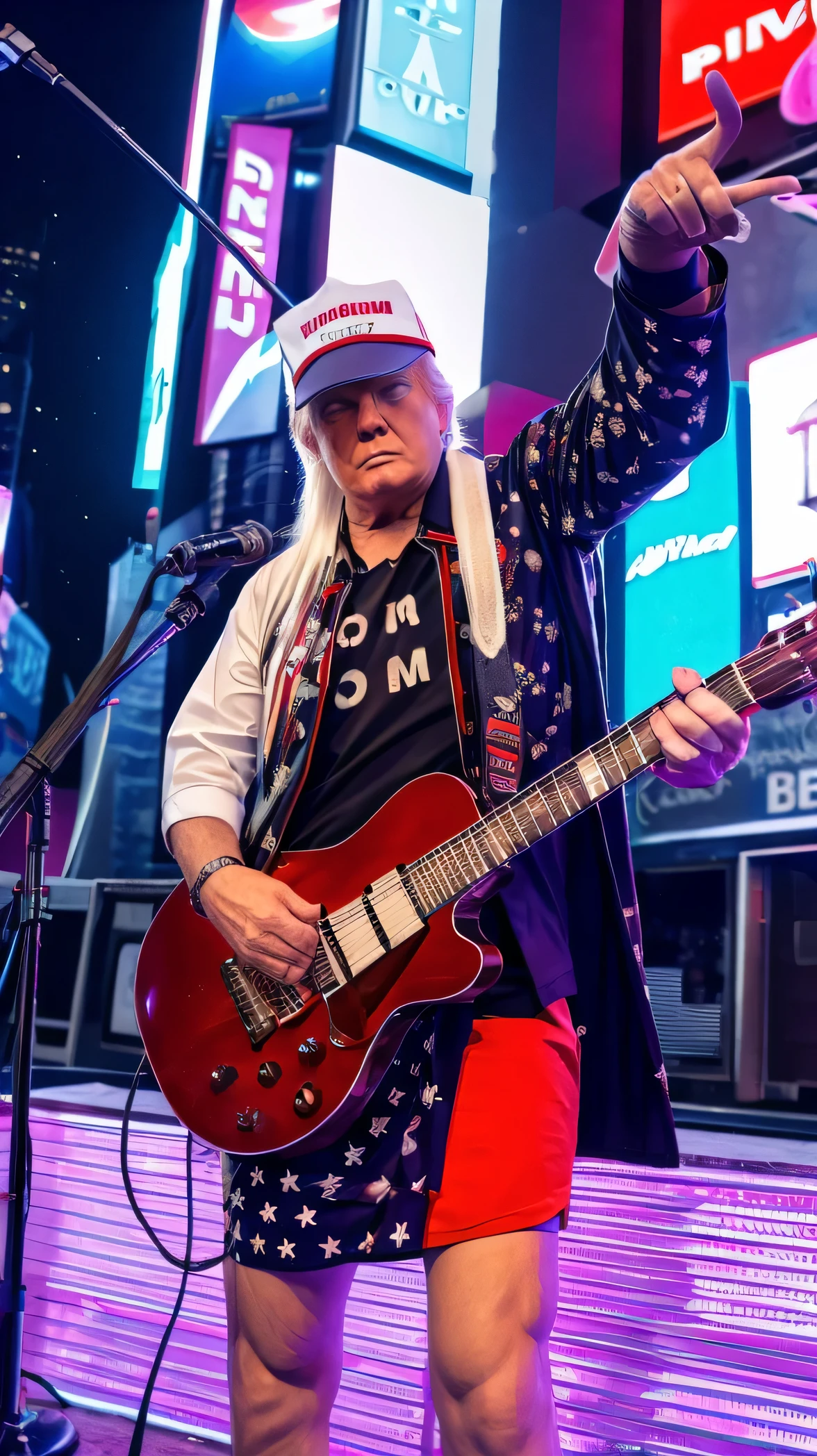 (donald Trump fotorrealista) 8k, rock and roll dress, tocando guitarra eletric guitar na Times Square, uhd, only him, alta qualidade, usando pent, uhd