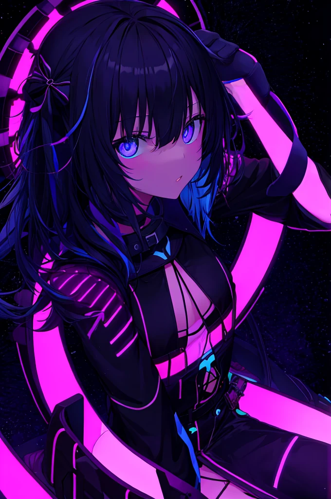 Black light, 1 girl, black background,