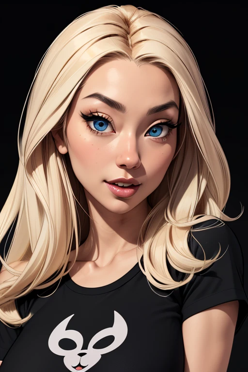 (cartoon style:1.2), Drawings of ([Japanese Woman]), wearing black T-shirt, perfect eyes, detailed face, black background, fun posing, flirty look, Centered, scale to fit the dimensions
