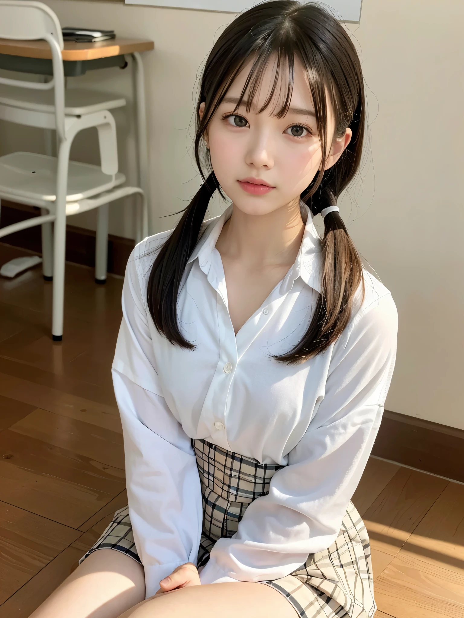 ((Best of the highest quality, 8k, Masterpiece: 1.3, raw photo)), Sharp focus: 1.2, (1 AESPA girl: 1.1), (Solo: 1.18), (realistic, photo-realistic:1.37), face focus, cute face, (Small breasts, flat chest, Thigh: 1.3), messy short hair, pony tail, (Girls' High School uniforms), (sitting floor: 1.2), flower, cinematic lighting, classroom,