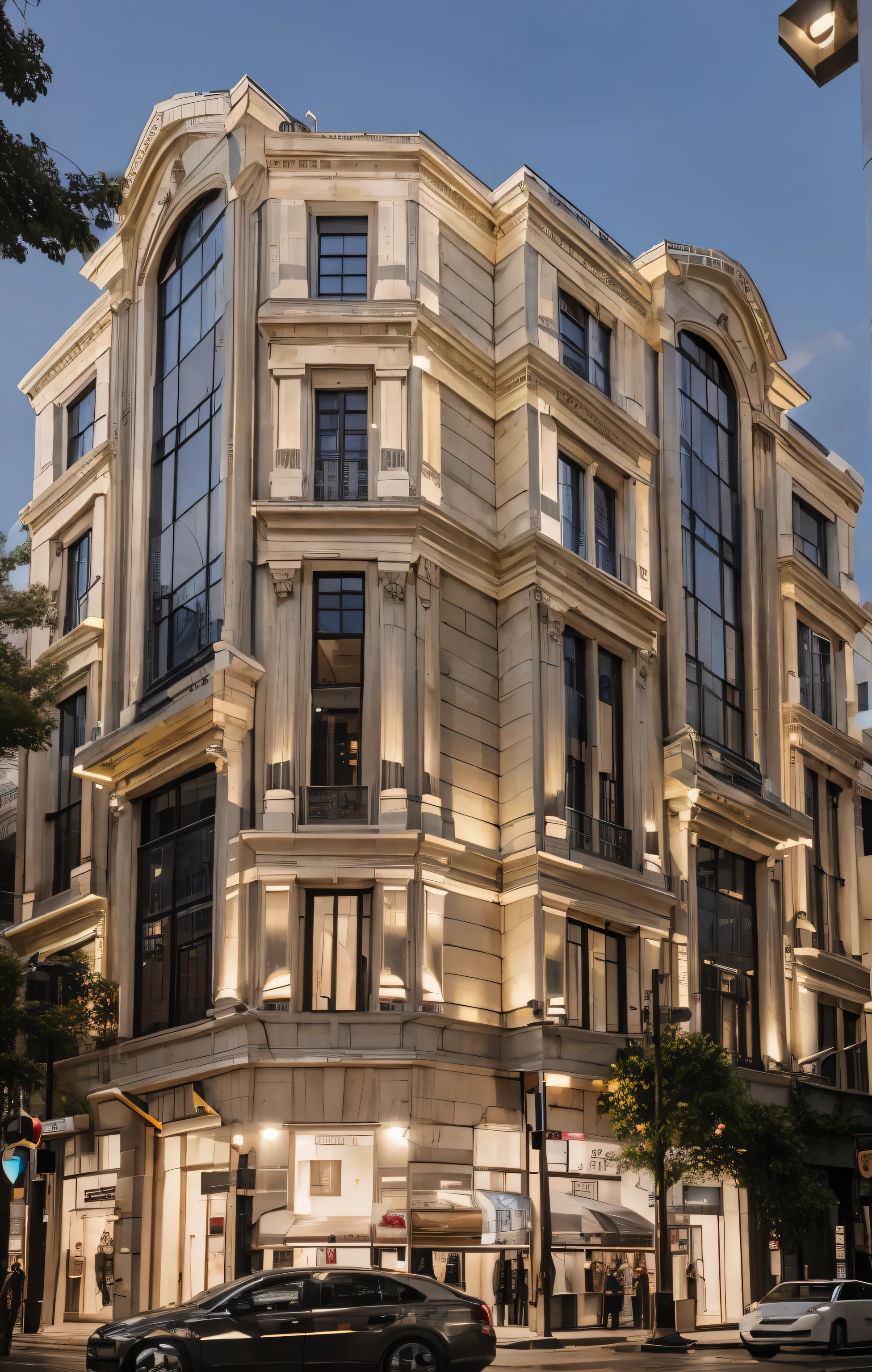 raw photo, exterior biulding view, architecture design, 8 floor biulding commercial and office, classical style, White stone facade, firs floor smal shopp  commercial, 2-8 floor office, large glass window, high detail, 8k uhd, dslr, soft lighting, high quality