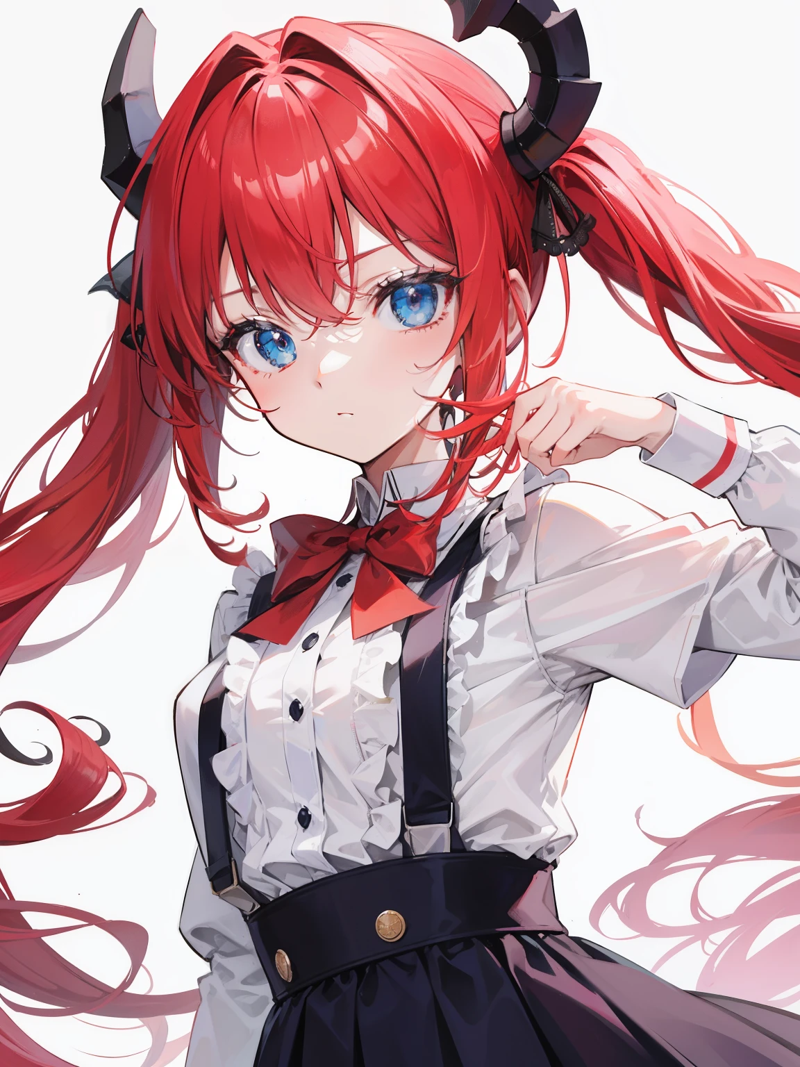 {{best quality}}, {{masterpiece}}, {{ultra-detailed}}, {illustration}, {detailed light}, red hair,blue eyes,twintails,lolita,Suspenders skirt,Fantastic,,solo,Dragon horns,,long hair