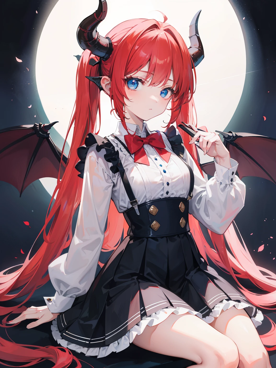 {{best quality}}, {{masterpiece}}, {{ultra-detailed}}, {illustration}, {detailed light}, red hair,blue eyes,twintails,lolita,Suspenders skirt,Fantastic,,solo,Dragon horns,,long hair