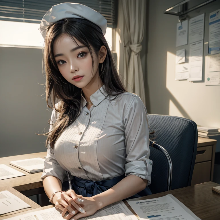 masterpiece, best quality, 1 Koreana girl with gray hair and blue eyes, wearing large, round, clear glasses, delicately sits at a desk in a hospital, gorgeous masterpiece of a nurse, beautifully detailed uniform, finely detailed uniform texture pokes through the transparent white fabric, intricately designed nurse hat, detailed lips curved into a gentle smile, shiny skin glowing under the soft hospital lights, golden stethoscope around her neck, detailed breast pockets filled with essentials, a compassionate and gentle expression on her face, ultra-fine description of every fiber and curve.