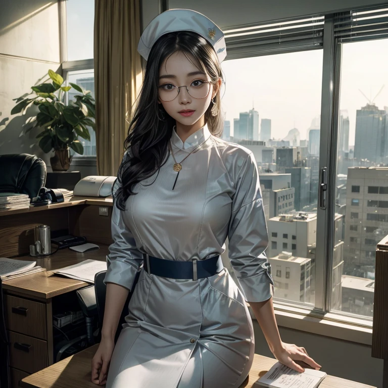 masterpiece, best quality, 1 Koreana girl with gray hair and blue eyes, wearing large, round, clear glasses, delicately sits at a desk in a hospital, gorgeous masterpiece of a nurse, beautifully detailed uniform, finely detailed uniform texture pokes through the transparent white fabric, intricately designed nurse hat, detailed lips curved into a gentle smile, shiny skin glowing under the soft hospital lights, golden stethoscope around her neck, detailed breast pockets filled with essentials, a compassionate and gentle expression on her face, ultra-fine description of every fiber and curve.