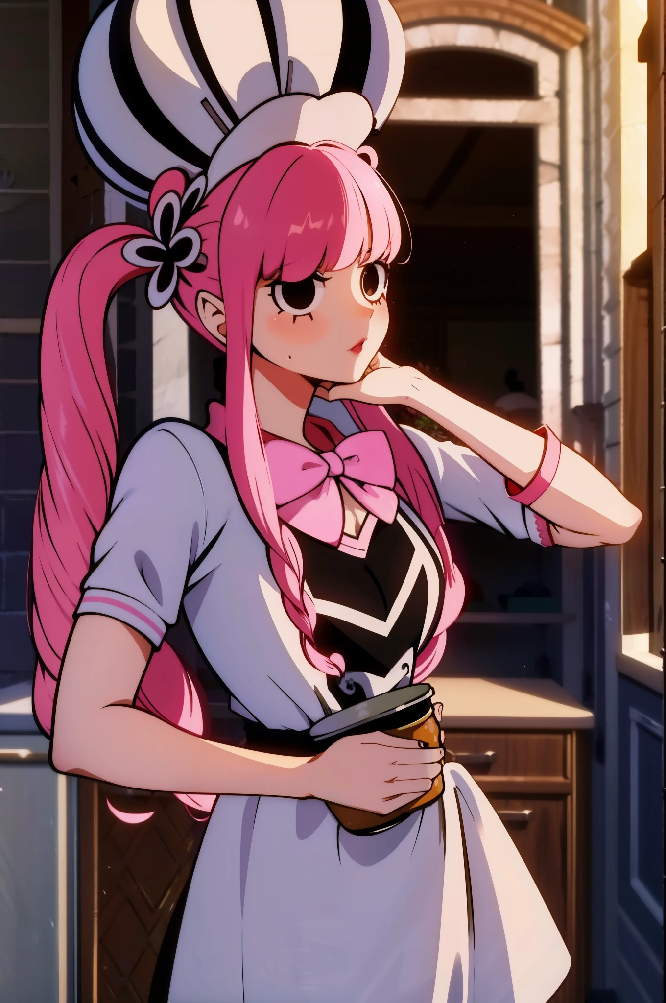 masterpiece, highest quality, 8K, ultra high resolution, highest quality, anime style, best writing, beautiful face, Peronaちゃん, cheems_Perona_V3, pink hair, black eye, long eyelashes, dull bangs, drill hair, red lipstick, twin tails,(Chef Uniform:1.3), (chef hat:1.3), perfect anatomy, alone, Upper body, (castle kitchen:1.3), Ghost, In the middle of the meal