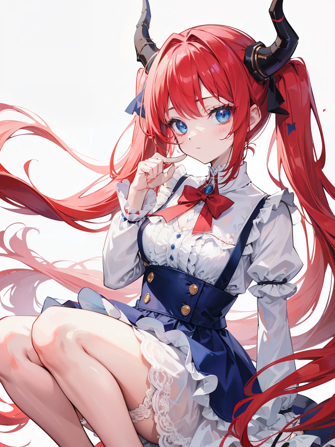 {{best quality}}, {{masterpiece}}, {{ultra-detailed}}, {illustration}, {detailed light}, red hair,blue eyes,twintails,lolita,Suspenders skirt,Fantastic,,solo,Dragon horns,,long hair