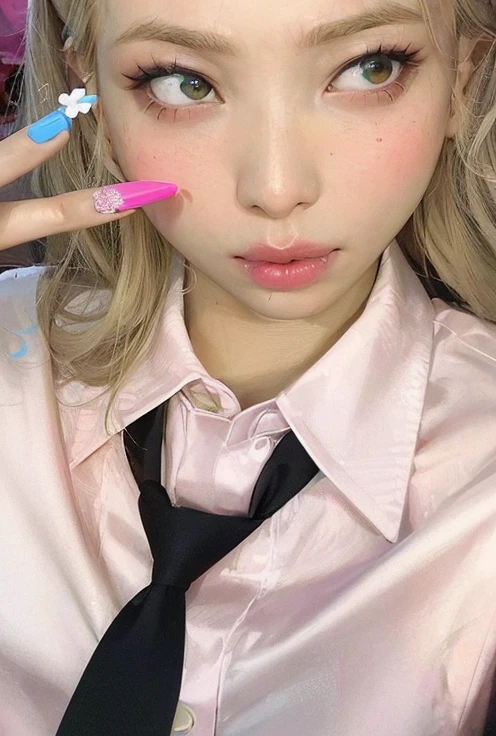 blond woman with pink shirt and black tie holding toothbrush, cl, roseanne park of blackpink, belle delphine, long pointy pink nose, pink lips, lalisa manobal, jossi of blackpink, ava max, jimin\'s plump lips, lalisa manoban of blackpink, with index finger, sakimichan, portrait of kim petras