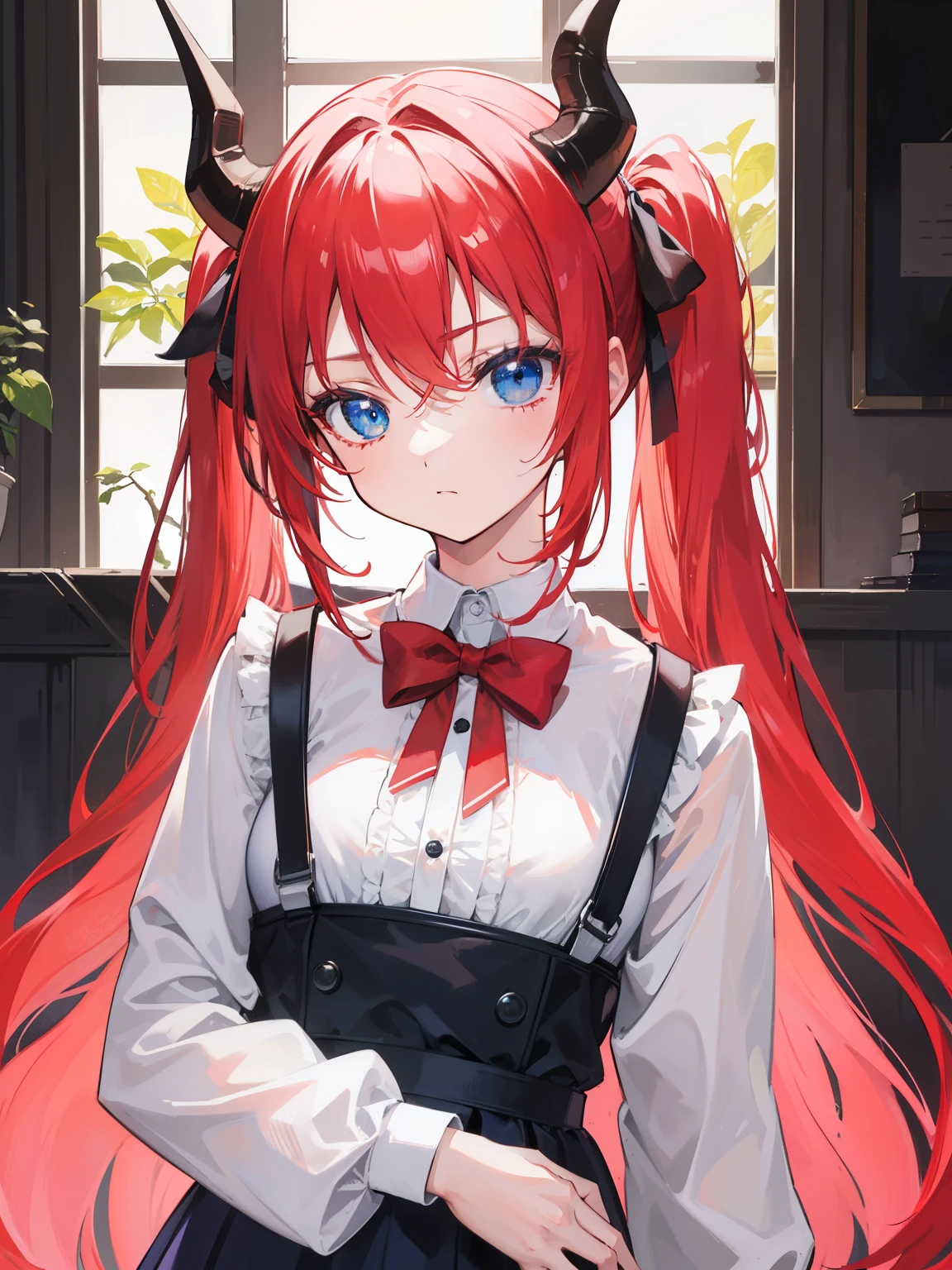 {{best quality}}, {{masterpiece}}, {{ultra-detailed}}, {illustration}, {detailed light}, red hair,blue eyes,twintails,lolita,Suspenders skirt,Fantastic,,solo,Dragon horns,,long hair