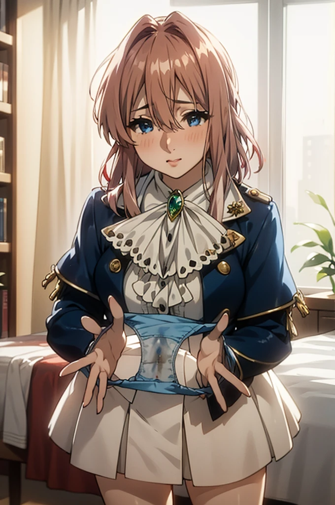 (masterpiece:1.2),best quality,illustration,detailed eyes,detailed face,perfect lighting,(nice hands, perfect hands),1girl,violet, blue eyes, blonde hair, ribbon, hair between eyes, jewelry,jacket, hair ribbon, red ribbon,ascot, hair intakes, blue jacket, brooch, white ascot,open shirt,in bedroom,at night,presentingpanties,panties, holding,holding panties,front view,tained panties, pee stain,stained panties, pussy juice stain,