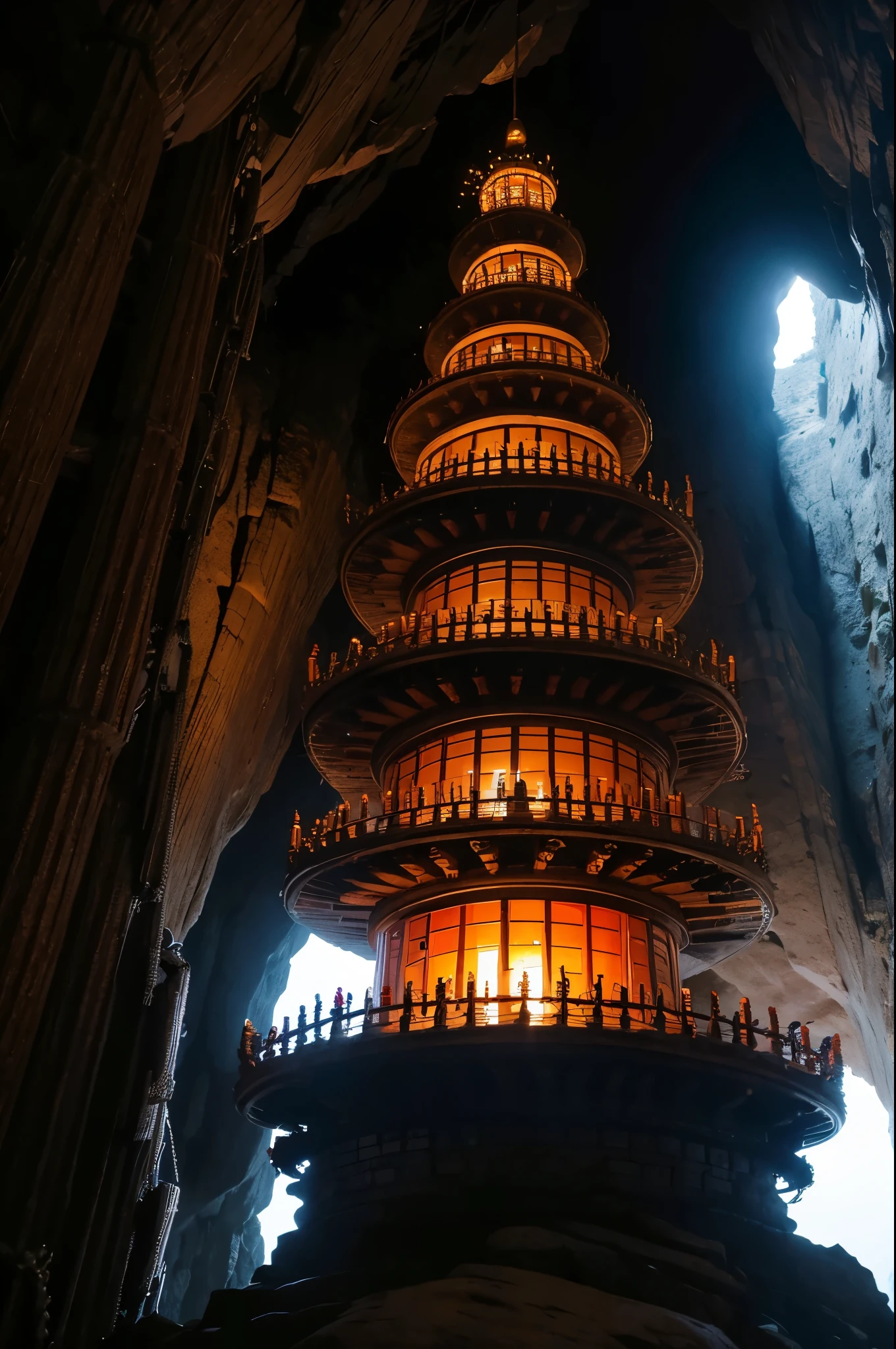 Nine-story demon tower,(Chinese stone pagoda architecture:1.5),gigantic tower,,Inside the underground cave,Its corners are connected to the cave wall by chains,Many bells on the chain,There are links at every level,best quality,masterpiece,8k,High chiaroscuro