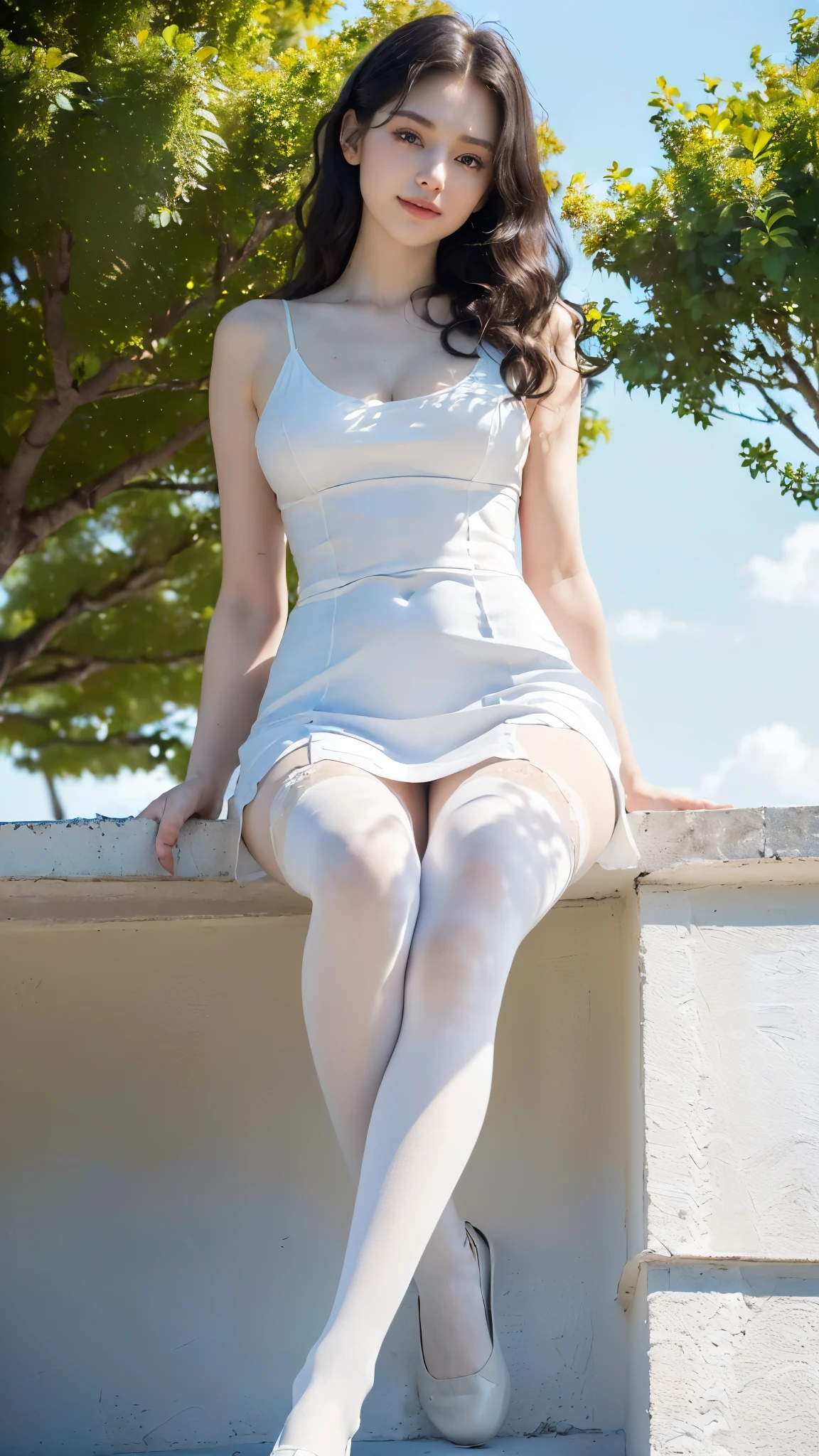 ((((8k))),((Extremely detailed CG)) ,(wallpaper),16k,((extremely delicate and beautiful)),(((masterpiece))),(((best quality))),(((超high resolution))),beautiful lights,perfect lightning,Realistic shadows,[high resolution],(Smooth and flawless fair skin:1.5),(pale skin:1.3),Facial details are extremely delicate,(Perfect body:1.1),Super detailed,a beautiful girl,small head,(Black curly hair:1.1),small face,Exquisite makeup,(big breasts:1.1),Slim,thin,happy,Smile,(blue sky:1.3)，（clean background）,(Slender legs:1.2),(white pantyhose:1.3),(sports shoes:1.1),(Daytime scene:1.5),outdoor,(sitting:1.5),(From diagonally below:1.5),(permanent:1.3),(whole body:1.2),(from the front:1.3),（Short dress）（looking down camera：1.3）（Bring your legs together）