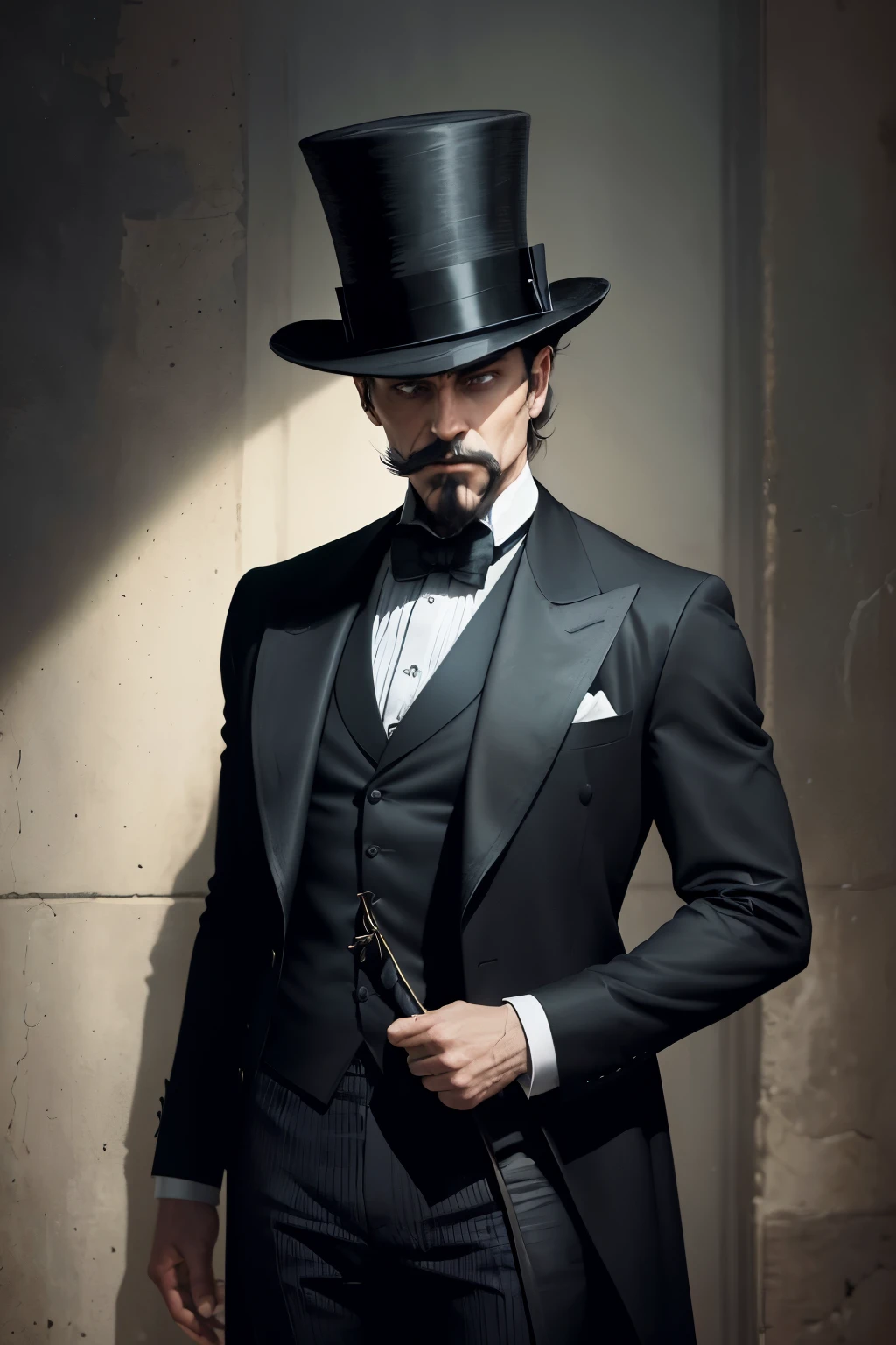 Man in Mysterious Suit and Top Hat --s2
A man dressed in a sleek, black suit and a worn, antique top hat stands before an enigmatic backdrop, shrouded in soft shadows that dance upon the ground. The texture of his suit, highly detailed and realistic, catches the subtle glow of the cinematic light, creating a vibrant contrast against the muted tones of the surroundings.
His top hat, a hatbox masterpiece with intricate designs and imperfections that speak of age and history, sits perfectly atop his head, casting an alluring shadow over his face. The man's eyes are hidden, adding to the intrigue, as they remain