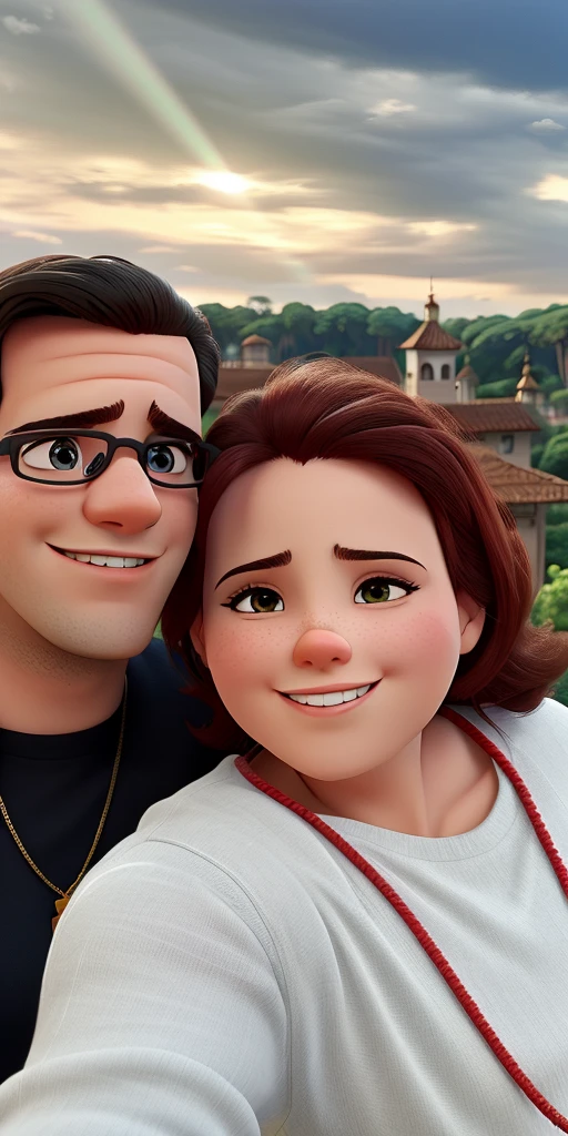 Casal (homem moreno e mulher branca) no estilo Disney Pixar, alta qualidade, melhor qualidade.