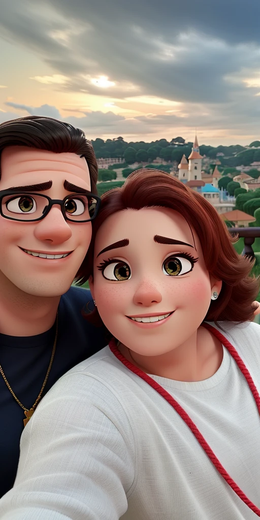 Casal (homem moreno e mulher branca) no estilo Disney Pixar, alta qualidade, melhor qualidade.