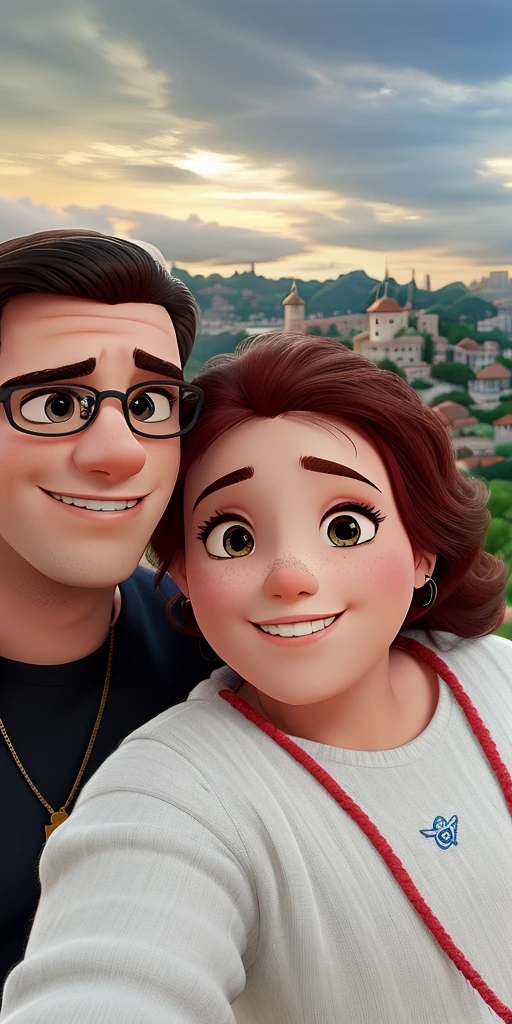 Casal (homem moreno e mulher branca) no estilo Disney Pixar, alta qualidade, melhor qualidade.