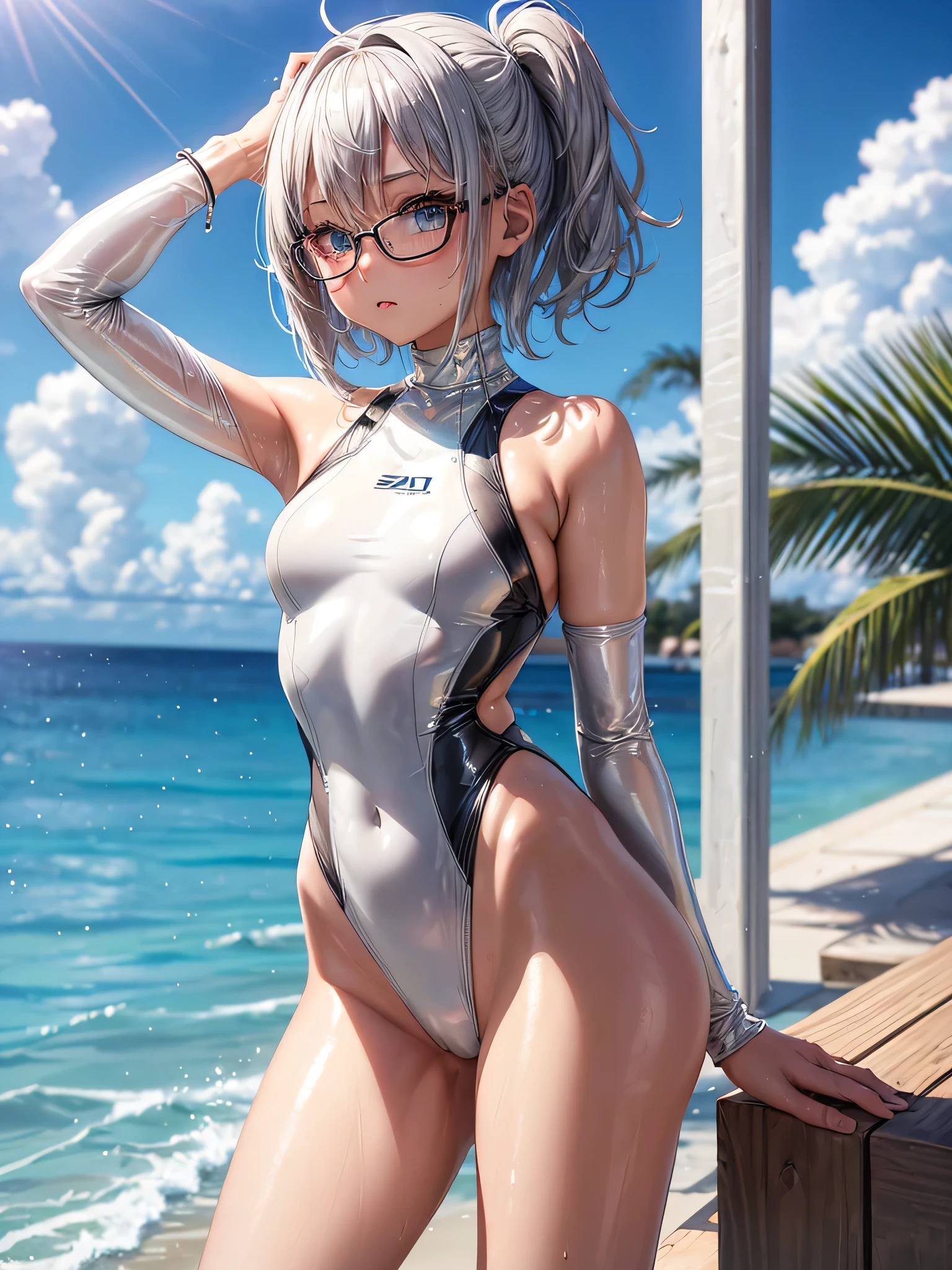 best image quality、8K、UHD、debris flies、cute eyes、silver hair、Glasses、latex high neck swimwear、latex high neck school swimwear、short hair、短髪のsilver hair美女、wet skin、
