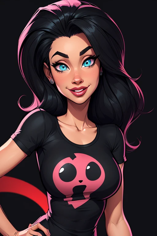 (cartoon style:1.2), Drawings of ([Canadian Woman]), wearing black T-shirt, perfect eyes, detailed face, black background, fun posing, flirty look, Centered, scale to fit the dimensions