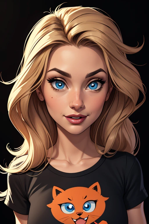 (cartoon style:1.2), Drawings of ([Canadian Woman]), wearing black T-shirt, perfect eyes, detailed face, black background, fun posing, flirty look, Centered, scale to fit the dimensions