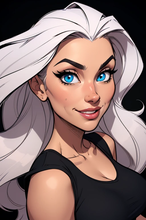 (cartoon style:1.2), Drawings of ([Canadian Woman]), wearing black T-shirt, perfect eyes, detailed face, black background, fun posing, flirty look, Centered, scale to fit the dimensions