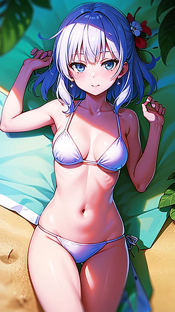 masterpiece, best quality, 1 solo girl, white hair, blue eyes, wavy hair, medium hair, medium breasts, mature body and face, white bikini, jewelry, hair ornament, earrings, ball, lying at the sand, white sand, summer, cowboy shots, sexy pose, dakimakura, detailed body, face, and eyes, sharp focus, vibrant, creative, dynamic, high definition, high resolution, 8k, (Upscale: R-ESRGAN 4x+ Anime6B), (Image enchance:4x), voluptuous body, summer girl,