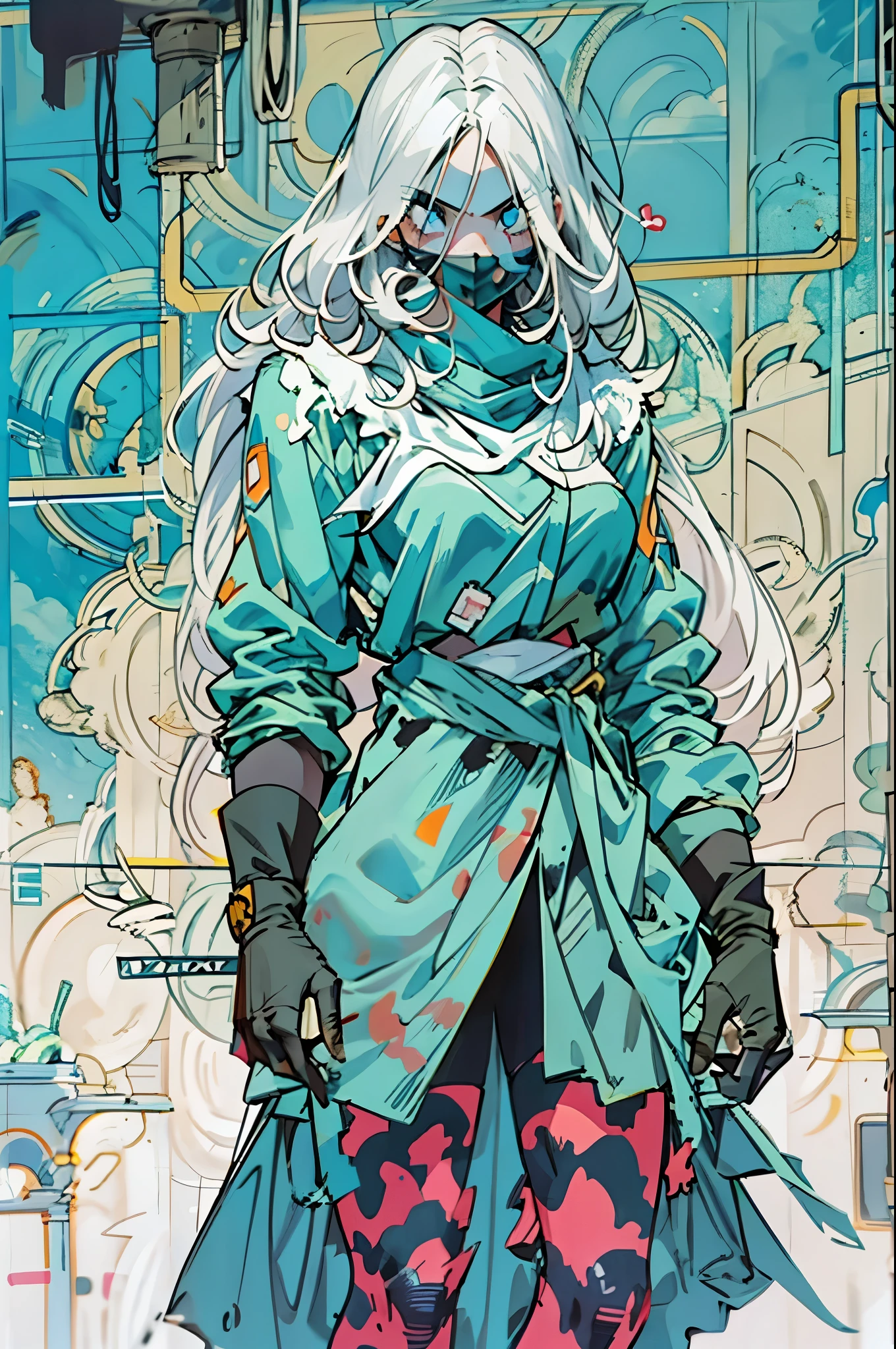 1monk warrior girl with blue techwear clothes, white long hair, laces, abstract vintage scifi background, art by Moebius, art by Ashley Wood
