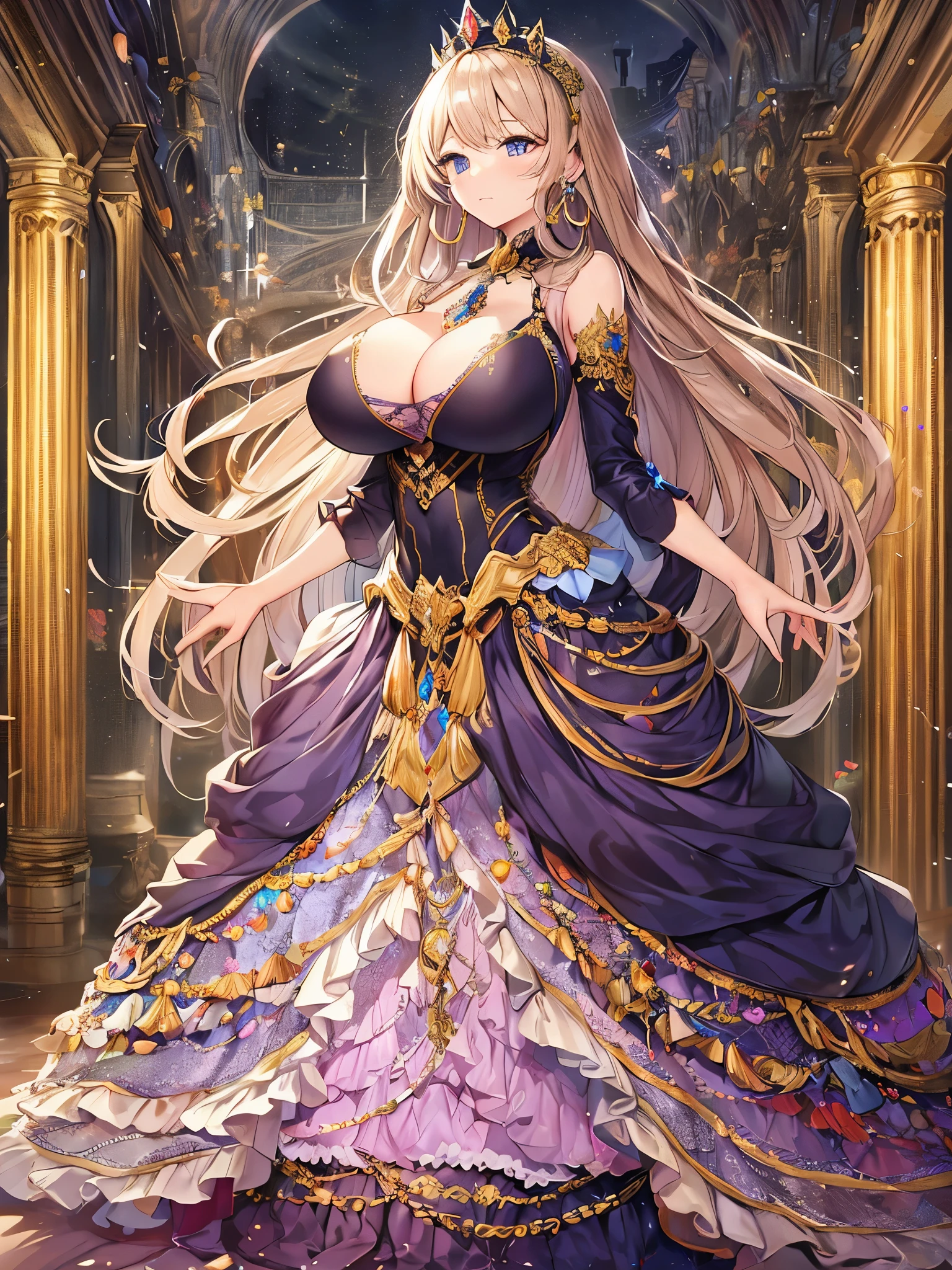 ((anime artstyle)),Masterpiece,Best Quality,Super Detail,((Very Delicate and Beautiful)),((Solo)),Standing,((full body)),((1 bling-bling princess in beautiful embroidery and jeweled gorgeous rococo ball gown with voluminous hoop skirt)),detailed face and eyes,jewel-like eyes,(((very very gigantic tits,long tits,skindentation))),cleavage,((extremely voluminous straight Hair,Extremely Long Straight Hair)),((gorgeousfull embroidery and lace)),Gorgeous Gemstone Jewelry,gorgeous corsage,gorgeousfull hair ornament,gorgeousfull glitter jeweled tiara,((full body)),((crinoline,Long train)),luxury palace,Dynamic Angle,Looking at viewer,(((beautiful embroidery and jeweled gorgeous rococo ball gown with voluminous hoop skirt))),full body