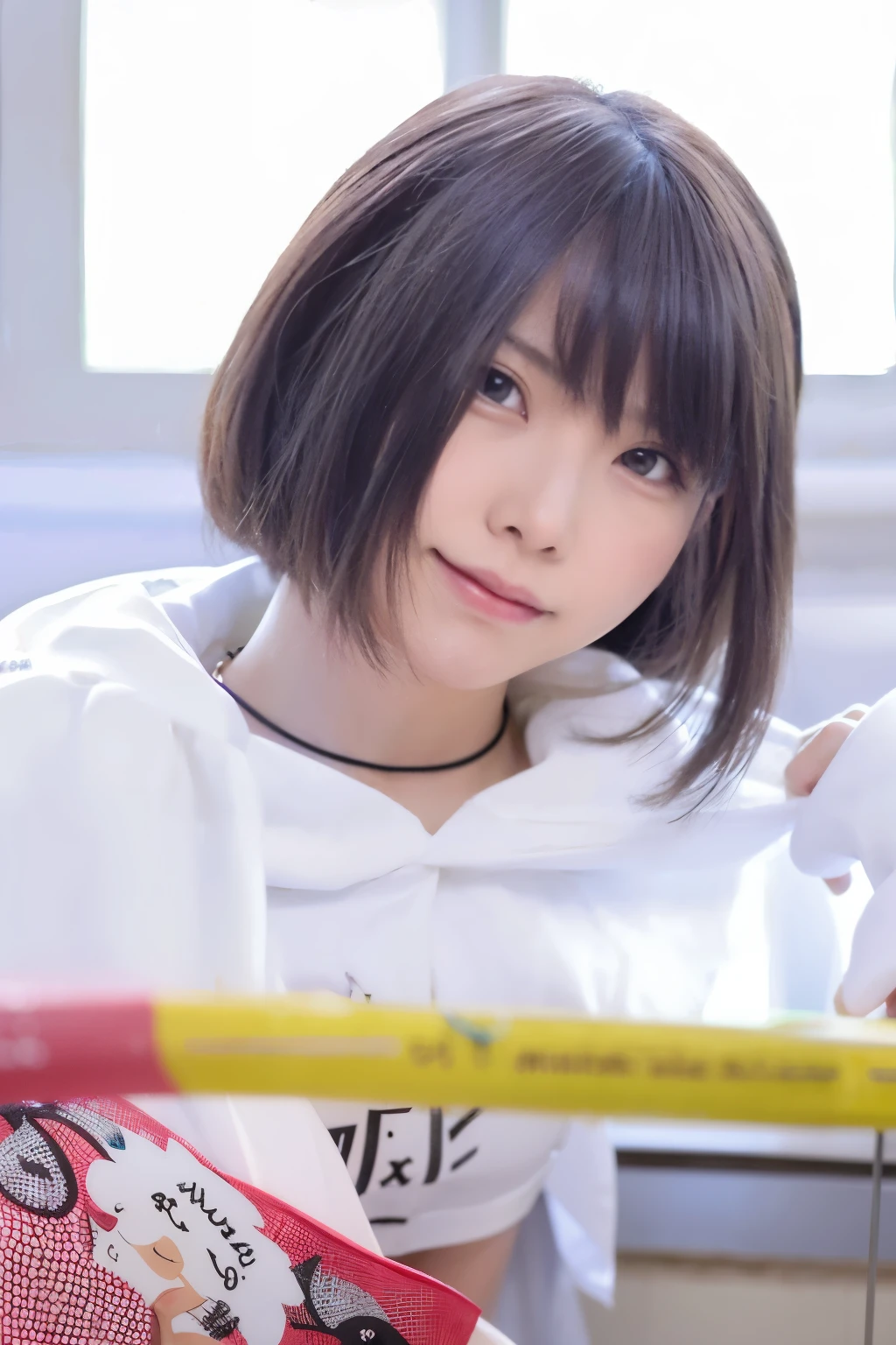 Arafe woman wearing a white shirt and black necklace, Shirahime cut hairstyle, with short hair, Chiho, kotegawa yui, motto hole, Black-haired Sui Ishida, shikamimi, iwakura lain, Another close up of Iwakura, yuuki hagure erotic