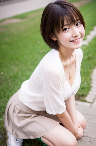 highest quality, soft light, ultra high resolution, (realistic:1.4), full_body,RAW photo, 1 japanese girl, alone, cute, (pupil, light in the eyes), detailed beautiful face,(High resolution details of human skin texture), (short hair), outdoor,skirt, (portrait),spring,big smile,sox,cleavage