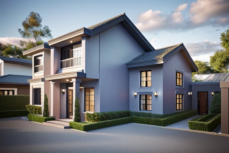 Modern townhouse, combining neoclassical style, street, car running in front of the house, (LoGo:1.5 not appearing), Modern Style, Extremely detailed image, masterpiece, surreal, rendered by vray 2023, 8k rendering, White walls, aluminum glass doors and windows, large yard covered with ceramic tiles, Natural light, cloudy, daytime a few clusters of beautiful small flower pots 8K