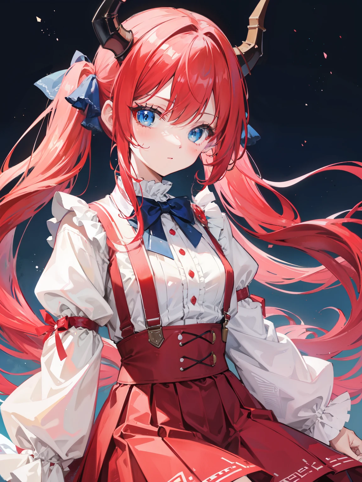 {{best quality}}, {{masterpiece}}, {{ultra-detailed}}, {illustration}, {detailed light}, red hair,blue eyes,twintails,lolita,Suspenders skirt,Fantastic,,solo,Dragon horns,,long hair