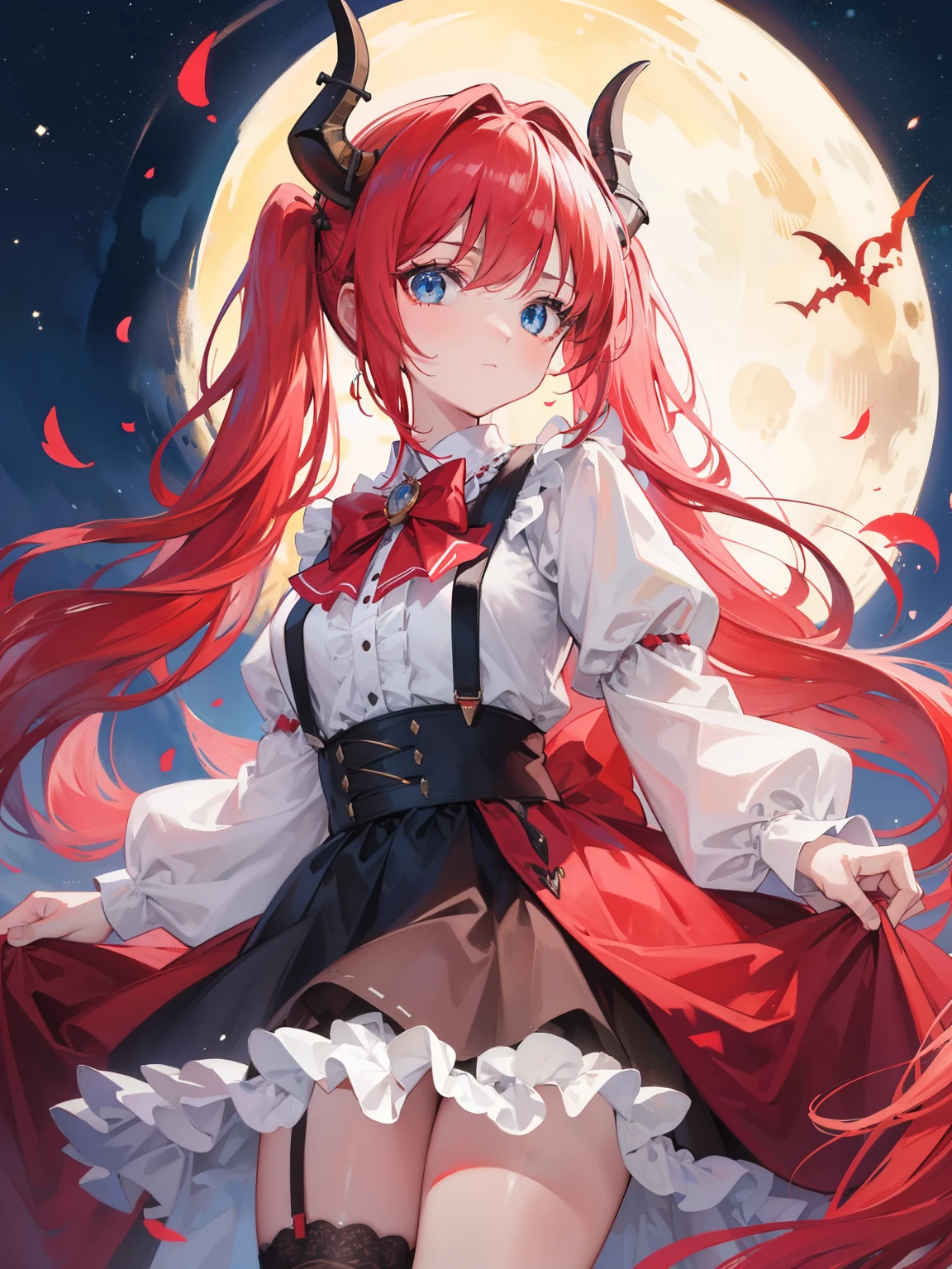 {{best quality}}, {{masterpiece}}, {{ultra-detailed}}, {illustration}, {detailed light}, red hair,blue eyes,twintails,ta,Suspenders skirt,Fantastic,,solo,Dragon horns,,long hair