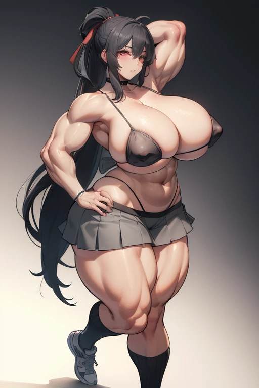 (Best quality,8K,ultra high res:1.5),(Pretty low ponytail long hair tied with red ribbon anime girl),(Huge breasts:1.20),(very voluptuous body),(very voluptuous thigh),(body builder girl:1.5),(wide muscle:1.8),(light smile),(eyes to camera),(light black hair),(grey bra),(grey short skirt),(standing view),(nipples)